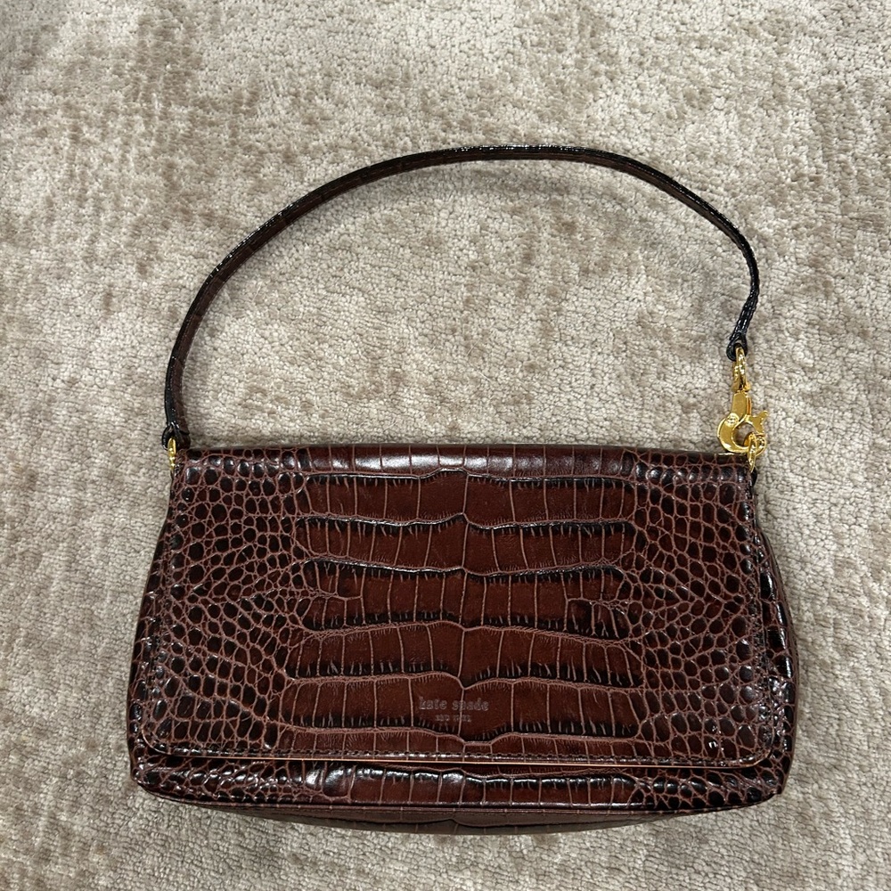 Crocodile Embossed Brown Leather Shoulder Bag